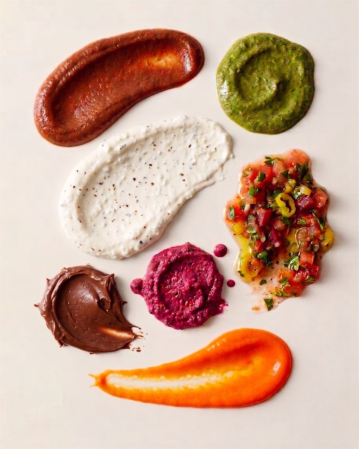 All seven Curious Ladle dips and sauces ladled out as colourful smears