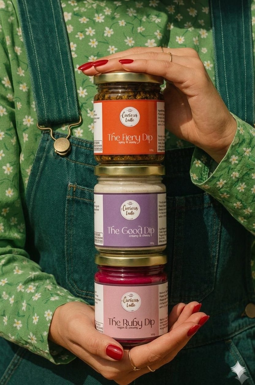 Stack of three jars — The Fiery Dip, The Good Dip, and The Ruby Dip — held against a green floral shirt